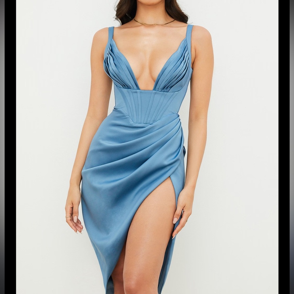 FAYE Blue Satin Corset Midi Dress